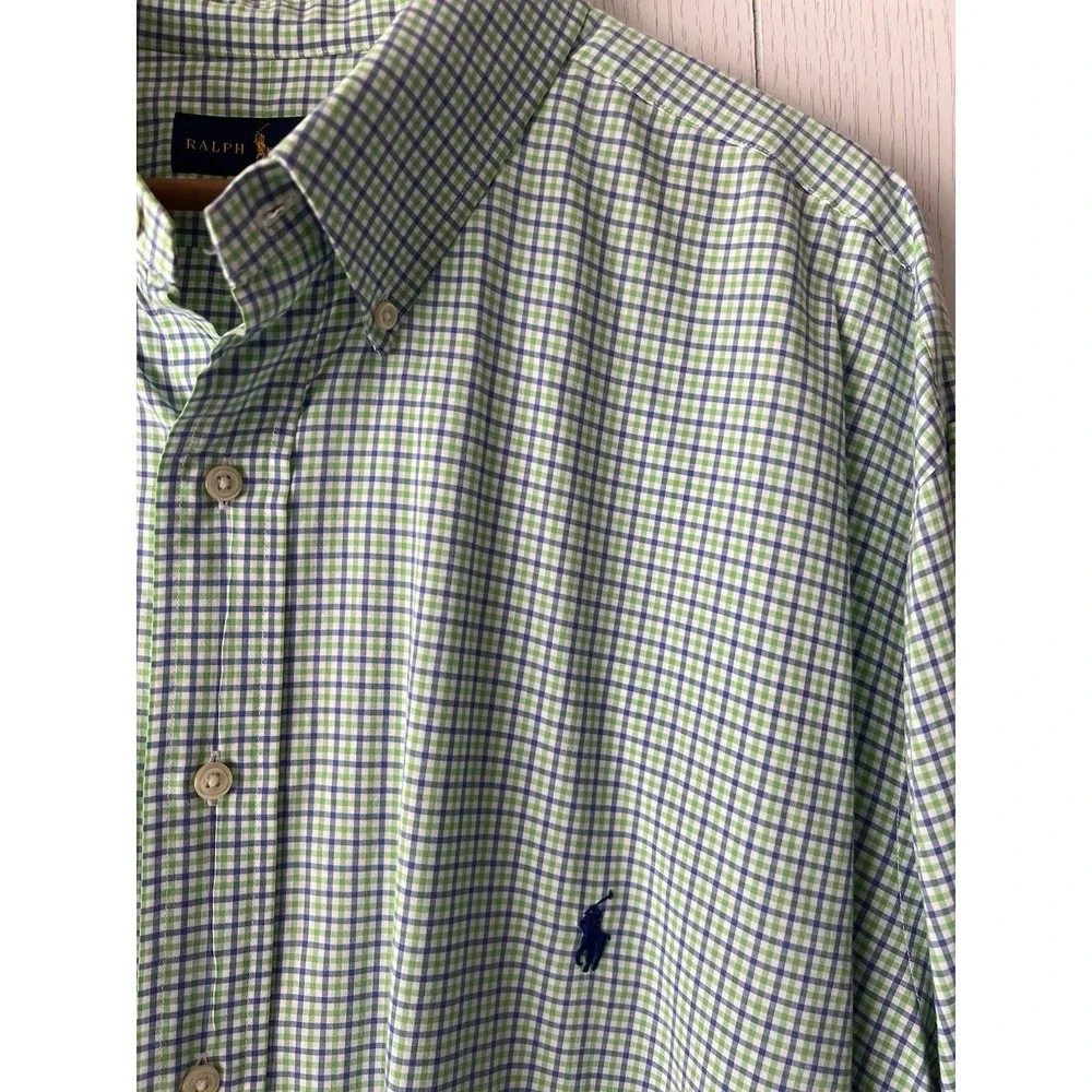 Ralph Lauren Button Down Shirt 2XLT Tall Green Blue Gingham Pony Logo Cotton
